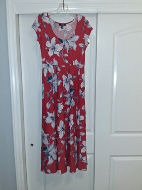 Chaps Red Maxi Dress with White & Navy Floral Print